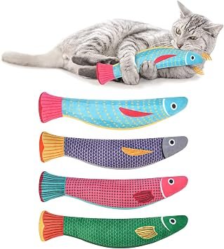 Aibuddy Catnip Toy, 4 Pack Fish Cat Chew Toys, Bite Resistant Catnip Toys with Bell Inside, Plush Cartoon Kitten Teething Interactive Toy ? 7.7" L * 1.9" W?