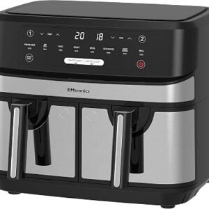 EMtronics EMAFDD9LSL Dual Air Fryer Extra Large Family Size Double XL 9 Litre with 8 Pre-Set Menus for Oil Free & Low Fat Healthy Cooking, Easy Clean Metal Interior, 99-Minute Timer - Stainless Steel