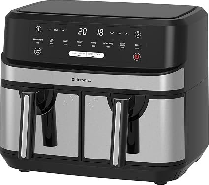 EMtronics EMAFDD9LSL Dual Air Fryer Extra Large Family Size Double XL 9 Litre with 8 Pre-Set Menus for Oil Free & Low Fat Healthy Cooking, Easy Clean Metal Interior, 99-Minute Timer - Stainless Steel