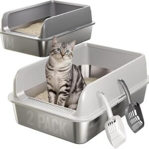 2 Pack Stainless Steel Cat Litter Tray with Scoops, Medium