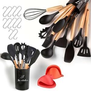 22 Pcs Black Silicon Kitchen Utensils Set with Holder-BPA Free Silicone Cooking Utensils Set for Non-Stick Pans-Heat Resistant Wooden Handle Silicone Spatulas for Cooking, Used as Camping Utensils Set