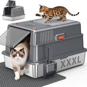 XXXL Stainless Steel Cat Litter Box with Top Scratching Pad, Deep Grey