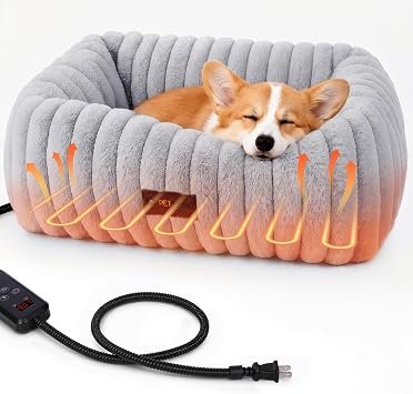 Heated Cat Bed Indoor, Pet Bed with 6 Temp & 6 Timer, Grey, M