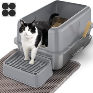 PKBD XL Stainless Steel Cat Litter Tray, Litter Box with Enclosure, Grey