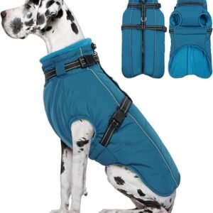 Lelepet Dog Coat With Harness, Waterproof Jacket for Large Dogs, Blue 2XL | Winter Warm Reflective Puppy Coat with Harness, Cold Weather Adjustable Dog...