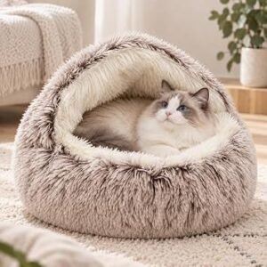 Fluffy Cat Cave Bed Hooded Pet Bed for Cats & Small Dogs, Soft Plush Calming Sleeping Cushion, Non Slip Bottom, Washable Cozy Kitten Igloo House, Reversible Round Donut Bed (Brown, 40cm)