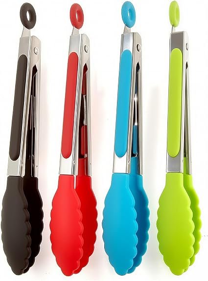 ZHIYE Kitchen Tongs, Set of 4, 7? Non-Slip Stainless Steel Tongs with Locking Clip for Cooking, BBQ, Serving, Heat Resistant, Food Grade