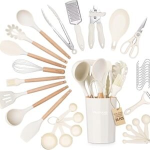 Kitchen Non Stick Cooking Utensils Set ? Heat Resistant Silicone Utensils with Wooden Handle ? Ladles, Spoons and Spatulas Set ? Kitchen Tools & Accessories ? 35pcs, Cream ? by Nuovva