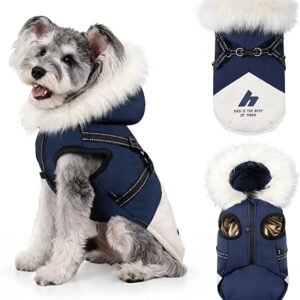 Waterproof Dog Winter Coat with Harness, Hooded Reflective Dog Jacket | Dog winter coats with reflective harness.Self-heating lined,hooded windproof for...