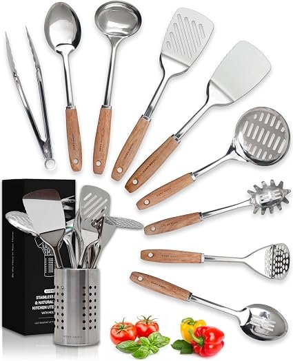 Home Hero 10 Pcs Wooden Handle Stainless Steel Kitchen Utensils Set