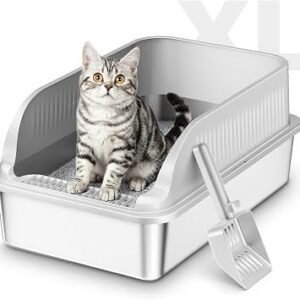 Stainless Steel Cat Litter Tray with High Sides, XXL Metal Cat Litter Box with Scoop, Hooded Toilet for Cat Rabbit, Pet Tray for Large and Small Cats, Leak-Proof, Odour-Free, Easy to Clean, Light Grey