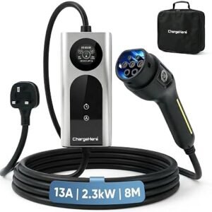 8M Portable EV Charger Type 2 with UK 3 Pin Plug, Electric Car Granny Charger for Home Charging, Adjustable 6A/8A/10A/13A, LCD Display, 1?10H Delay Timer, IP67 Waterproof for EVs & PHEVs