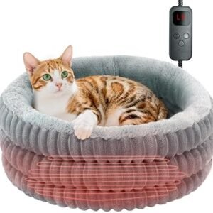 Heated Cat Bed, Round Donut Washable Deep Sleep Calming Heated Pet Beds for Indoor Cats and Small Dogs, Comfort Electric Thermal Cat Warming Bed with Adjustable Heating Pad