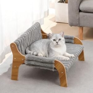 Raised Wooden Cat Sofa Bed with Two Cushions, 52x43.5x30cm