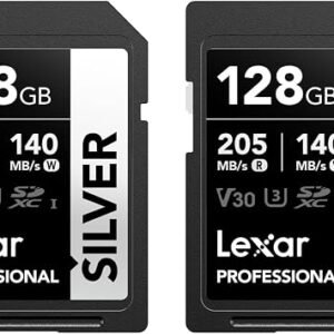 Lexar Professional SILVER SD Card 128GB 2-Pack, Up to 205MB/s Read, 140MB/s Write, SDXC UHS-I Memory Card, Class 10, U3, V30, SD Card for Professional Photographers, Videographers, Enthusiasts