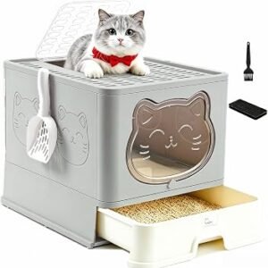 Hooded Fully Enclosed Cat Litter Tray with Drawer, Extra Large Odor Control Indoor Litter Box, Privacy Covered Toilet with Scoop for Cats Under 17.6Ib(8kg) cool gray