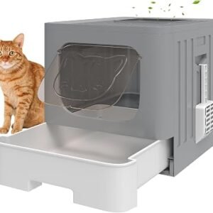 PawHut Cat Litter Tray Cat Litter Box with Lid Slide-Out Drawer Tray Grey