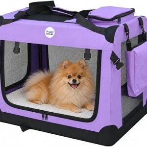 HugglePets Foldable Fabric Pet Crate Carrier - Purple (Small 50 x 34cm) Lightweight & Ventilated Double Door Carrier for Dogs & Cats with Sheepskin Mat. Ideal for Home & Travel.