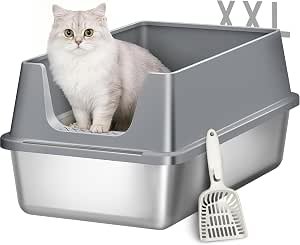 Stainless Steel Cat Litter Tray, 60.5 x 40 x 29cm, XXL Dark Grey