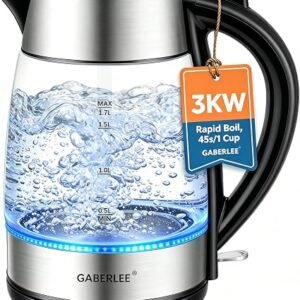 GABERLEE Electric Kettle, 1.7L 3000W Fast Boil Cordless Glass Kettle, Black | Blue LED, One-Touch Lid, Removable Anti-Scale Filter, Auto Shut-Off, Easy...