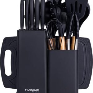 Cooking Utensils Set with Chopping Board ? Knife Set with Block ? Heat Resistant Silicone Utensils with Wooden Handle, Spoons, Ladles & Spatula ? Kitchen Tools & Accessories ? 17pcs, Black ? by Nuovva