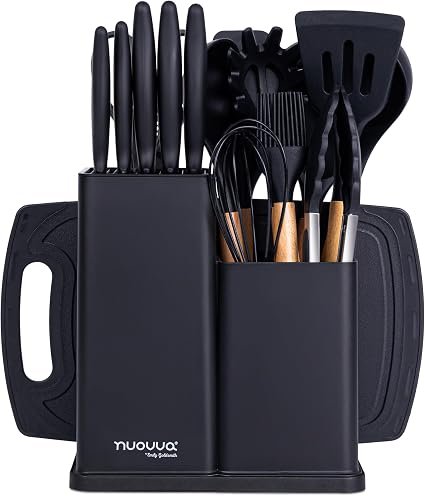 Cooking Utensils Set with Chopping Board ? Knife Set with Block ? Heat Resistant Silicone Utensils with Wooden Handle, Spoons, Ladles & Spatula ? Kitchen Tools & Accessories ? 17pcs, Black ? by Nuovva