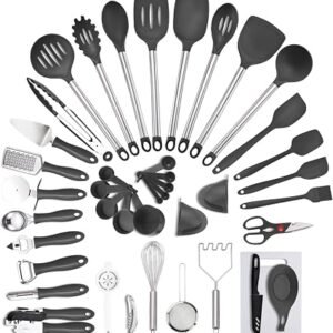 Daniel James Kitchen Utensil Set - 42 Piece Non Stick Cooking Tools and Kitchen Gadgets - Heat Resistant and Dishwasher Safe Cookware - Black & Silver