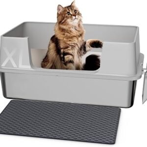 Gimars XL Stainless Steel Cat Litter Box 58x38x26cm, Easy to Clean & No Odour Stainless 35L High Sided Steel Litter Tray, Leak-Proof Cat Litter Trays with Scoop & Mat