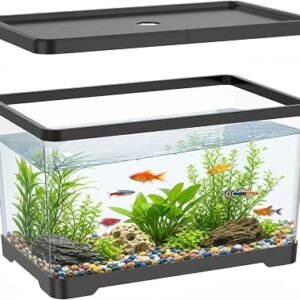 2 Gallon Plastic Fish Tank with Drain Hole - 30x19x17cm Shatterproof Small Rectangular Aquarium for Betta Fish & Guppies - Clear Desktop Terrarium Bowl for Home Office(Black)