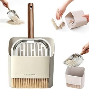 3 Pcs Stainless Steel Cat Litter Scoop Set with Holder, Durable Mesh Scooper, Portable Dustpan and Cleaning Brush, Fast Sifting Easy to Clean Pet Waste Cleaner for Cat Litter Box, Kitten and Small Dog