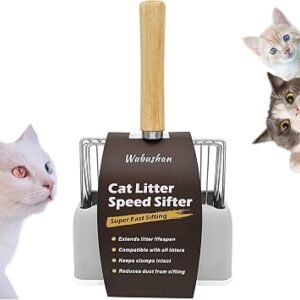 Cat litter scoop with holder, Metal litter scoop with stand, Cat scoop with wooden handle, hole spacing 7mm, length 28cm, litter tray scoop, cat scoop for litter box