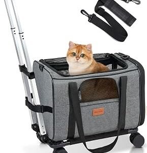 Morpilot Cat Carrier with Wheels - Airline Approved, Top Opening Portable Dog Bag with Breathable Mesh/Removable Mat, Adjustable Shoulder Strap & Bowl, M, Dark Grey (Max 7kg)