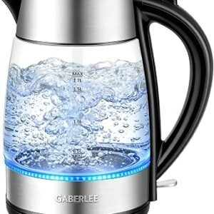 Gaberlee Kettle, 1.7L 3000W Fast Boil Electric Cordless Glass Kettle | Blue LED, Removable Anti-scale Filter, Push Button Lid, Auto Shut-Off, Food-Grade...