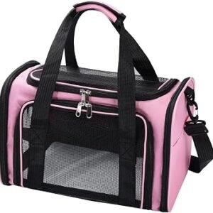 Soft Sided Cat/Pet/Puppy/Dog Carrier Bag,Portable Airline Approved Pet Carrier Bag Pink for Cats/Dogs,Cat Travel Bag with Shoulder Strap&Removable Mat up to 6KG