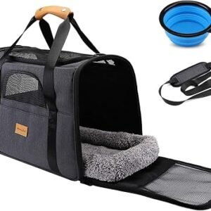 Morpilot Cat Carrier - Airline Approved, Top Opening Portable Dog Bag with Breathable Mesh/Removable Mat, Adjustable Shoulder Strap & Bowl, Foldable Travel Cage, L, Dark Grey (Max 9kg)