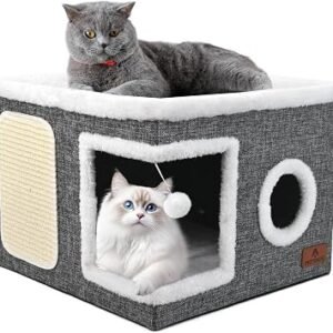 Cat House for Indoor Cats, Large Cat Cave Bed with Scratch Pad and Fluffy Ball, Foldable Cat Hideaway, Cat Bed with Reversible Cushion for Multi Small Pet 41D x 41W x 32H cm, Grey