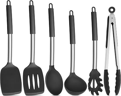 Onader Black Kitchen Utensils Set, 6 Pieces Silicone Cooking Utensils