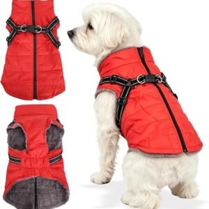 Waterproof Dog Coat with Harness, Warm Fleece Lining, Reflective Strips, Zipper Closure, Windproof, Cold Weather, for Small Medium Large Breeds Puppies, Indoor Outdoor Camping Hiking, Winter Walks