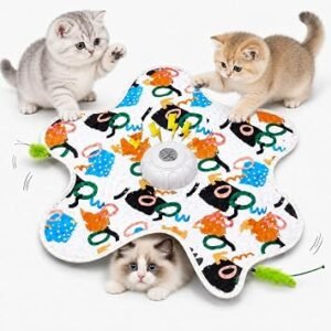 Electric Ambush Cat Toy Interactive Hunting Toy, 360? Irregular Moving Feather Star Play Mat, Replaceable Feathers Auto Play Kitten Toy for Indoor Cats Boredom