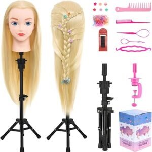 Neverland Beauty & Health Hairdressing Head Hair Training Head - 20" Synthetic Hair Practice Mannequin Manikin with Wig Stand Tripod Hair Styling Braid Accessoires Set(Gold)