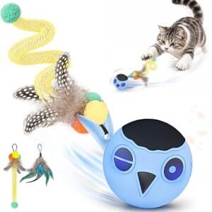 Interactive Cat Toys for Indoor Cats Adult, Cat Ball Toy for Kitten, Automatic Moving Ball for Puppy Small Dog with 2 Feather Tails, 4 Mode Motion Touch Activation, Multiple Chirps Stimulate