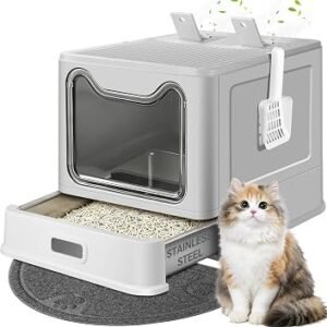 Cat Litter Tray, Enclosed Stainless Steel Cat Litter Tray, Odor Control