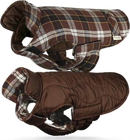 VIVAGLORY Dog Winter Coat Softjoy Warm Dog Jacket, S, Coffee | Fleece Vest with Harness Hole for Snow & Christmas, Reversible Plaid Checkered Warm...
