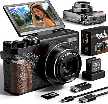5K 64MP Digital Camera for Photography - 18X Zoom UHD Autofocus Video Vlogging Camera with 180? Flip Screen, 64GB TF Card & 2 Batteries - Compact Travel