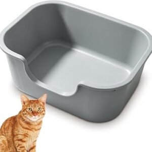High Sided Cat Litter Tray Large Open Top Litter Box Deep Wall and Low Entry Splash Proof Kitty Litter Box for All Ages Cats(Grey)