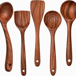 Wooden Kitchen Utensils Set, 5 Pcs Teak Wooden Spoons & Cooking Spatula