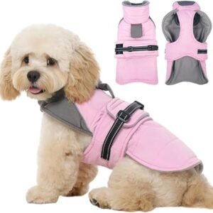 Kuoser Dog Warm Jacket Waterproof Reflective Dog Coat Fleece Lined, Pink M | Dog Winter Coat Reflective for Medium Dogs with Harness Hole, Waterproof...