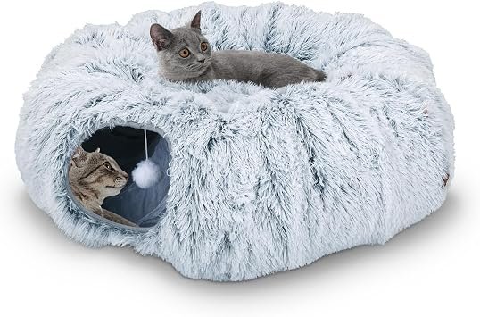 Cat Tunnel Bed, Plush Cat Cave with Removable Cushion, 85cm, Grey