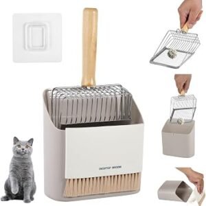 Cat Litter Scoop Set, Stainless Steel Scoop with Holder, Dustpan & Broom