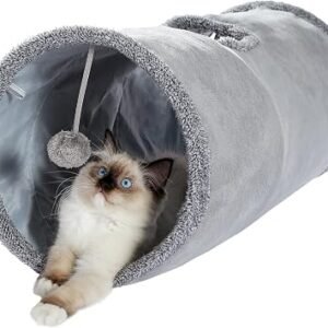 OHANA Collapsible Cat Tunnel Toy in suede, Cat tunnels for indoor cats rabbits with 2 holes and suspended ball Dia30*67cm